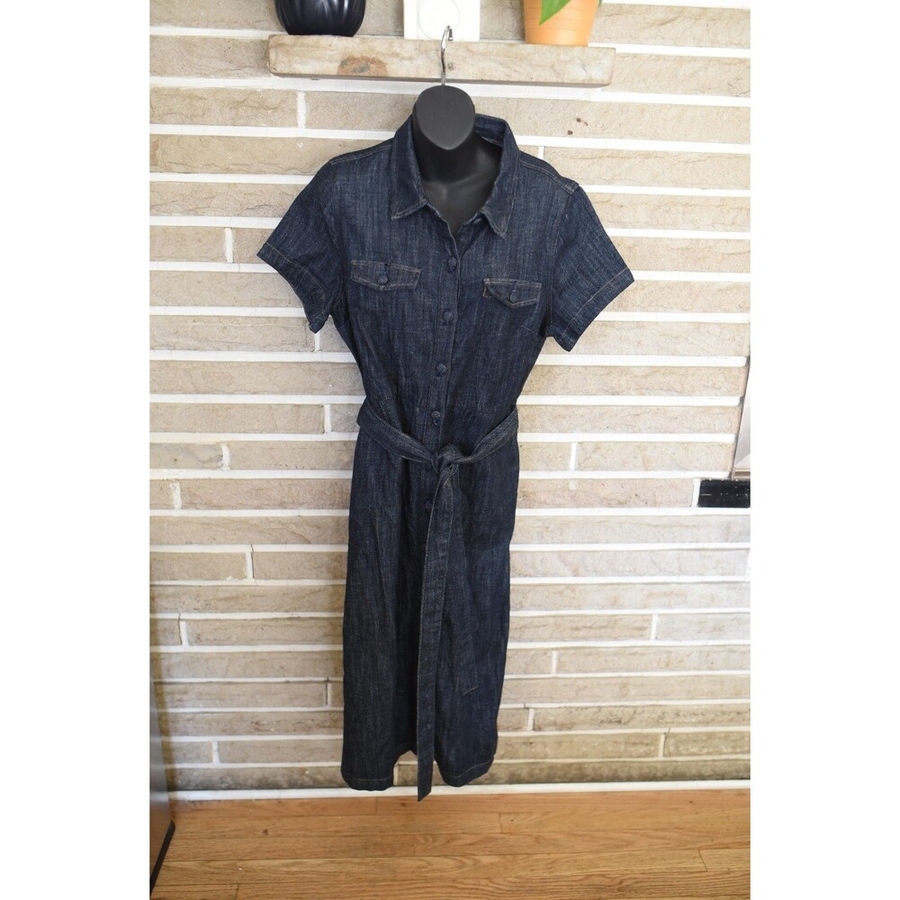 J. Crew Denim Midi Dress Button Front Belted Classic Short Sleeve Size 10